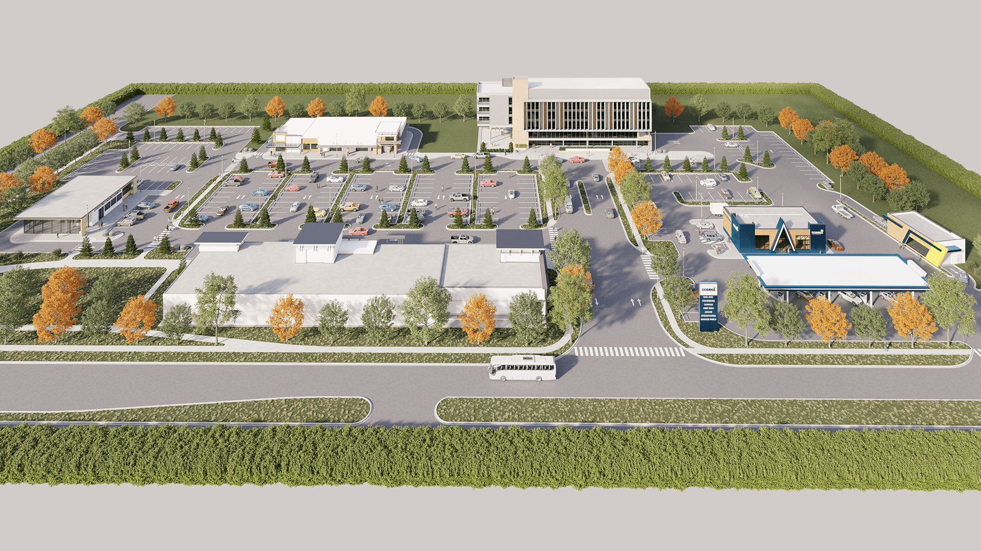 Computer rendering of Naawi-Oodena urban reserve taken from 3/4 angle view looking down on the proposed development. Rendering displays assorted buildings, parking lots, vehicles and green spaces